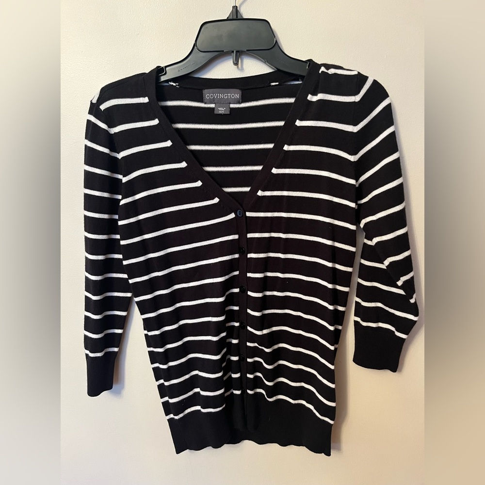 V neck convington sweater shirt womens petites small  black with white s…